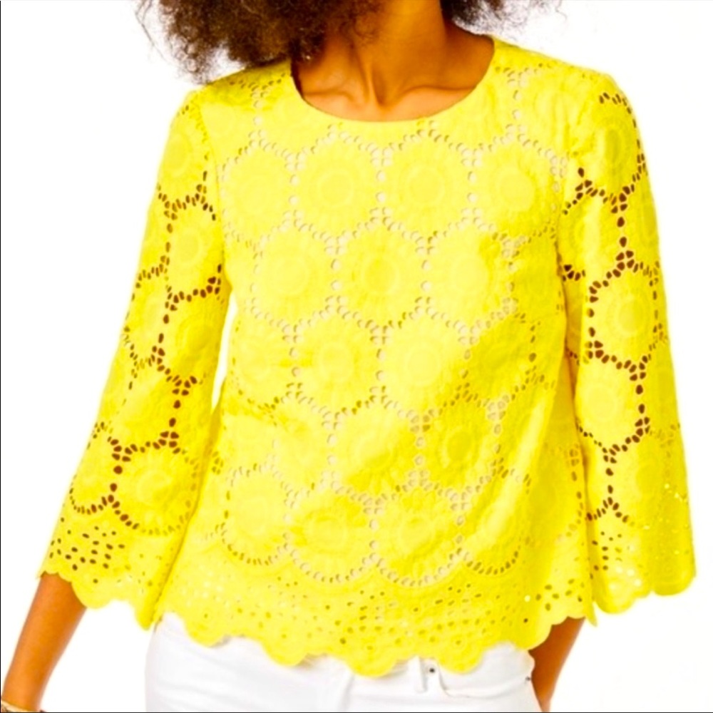 Lilly Pulitzer Mariella Scalloped Lace Top in Lilly Lemon Floral Scallop Eyelet